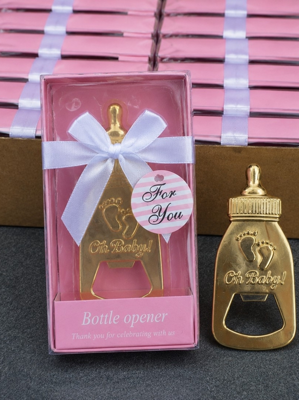 24 Baby Shower Party Favours – Gold “Oh Baby” Bottle Openers – NEW